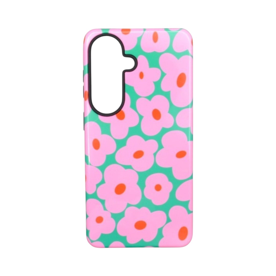Siacase Bloom Pop Handyhülle mit grünem Hintergrund und rosa Blumenmuster für einen trendigen Look.
