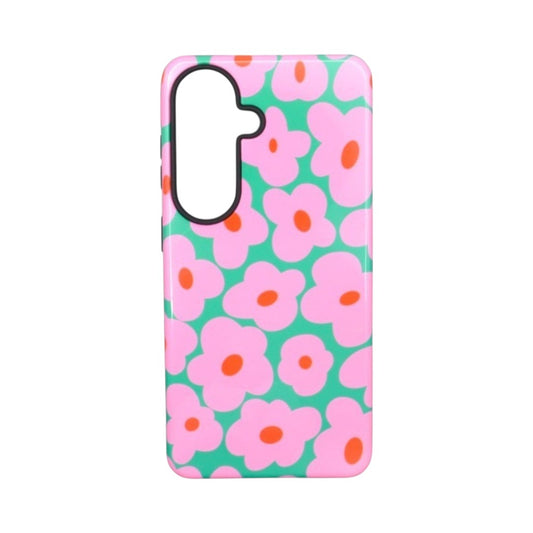 Siacase Bloom Pop Handyhülle mit grünem Hintergrund und rosa Blumenmuster für einen trendigen Look.