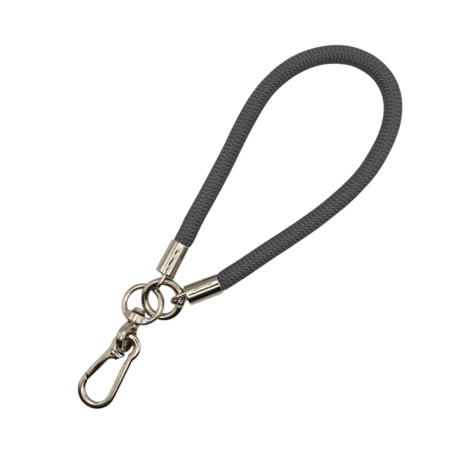 Siacase Handschlaufe aus anthrazitfarbenem Kletterseil mit silbernem Karabiner für Handy oder Schlüssel.